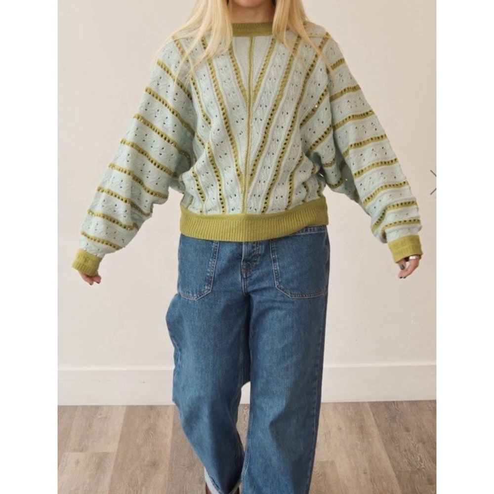 Listicle‎ Womens Sweater Crochet Open Knit Oversized Relaxed Aqua Lime Boho Sz S